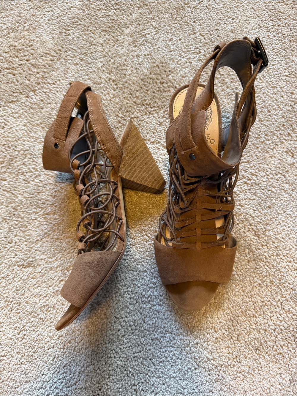 Vince Camuto Brown Suede Lace-Up Block Heel Sandals